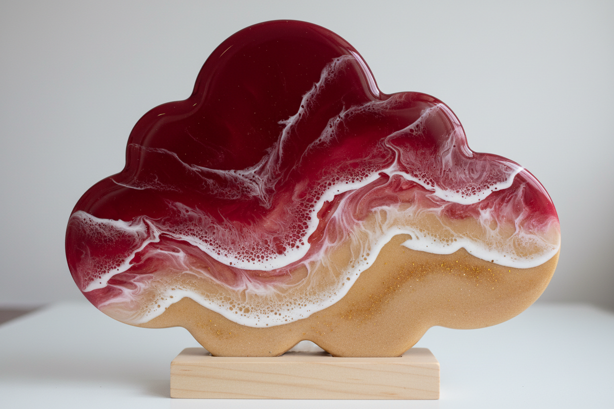 Creation en forme de nuage representant une plage avec ocean rouge en resine epoxy