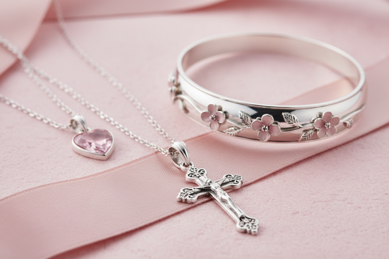 Non les bijoux le collier avec la croix en argent, le collier avec le coeur plus petit le pendentif et le jonc en argent avec insrustation de fleurs rose
