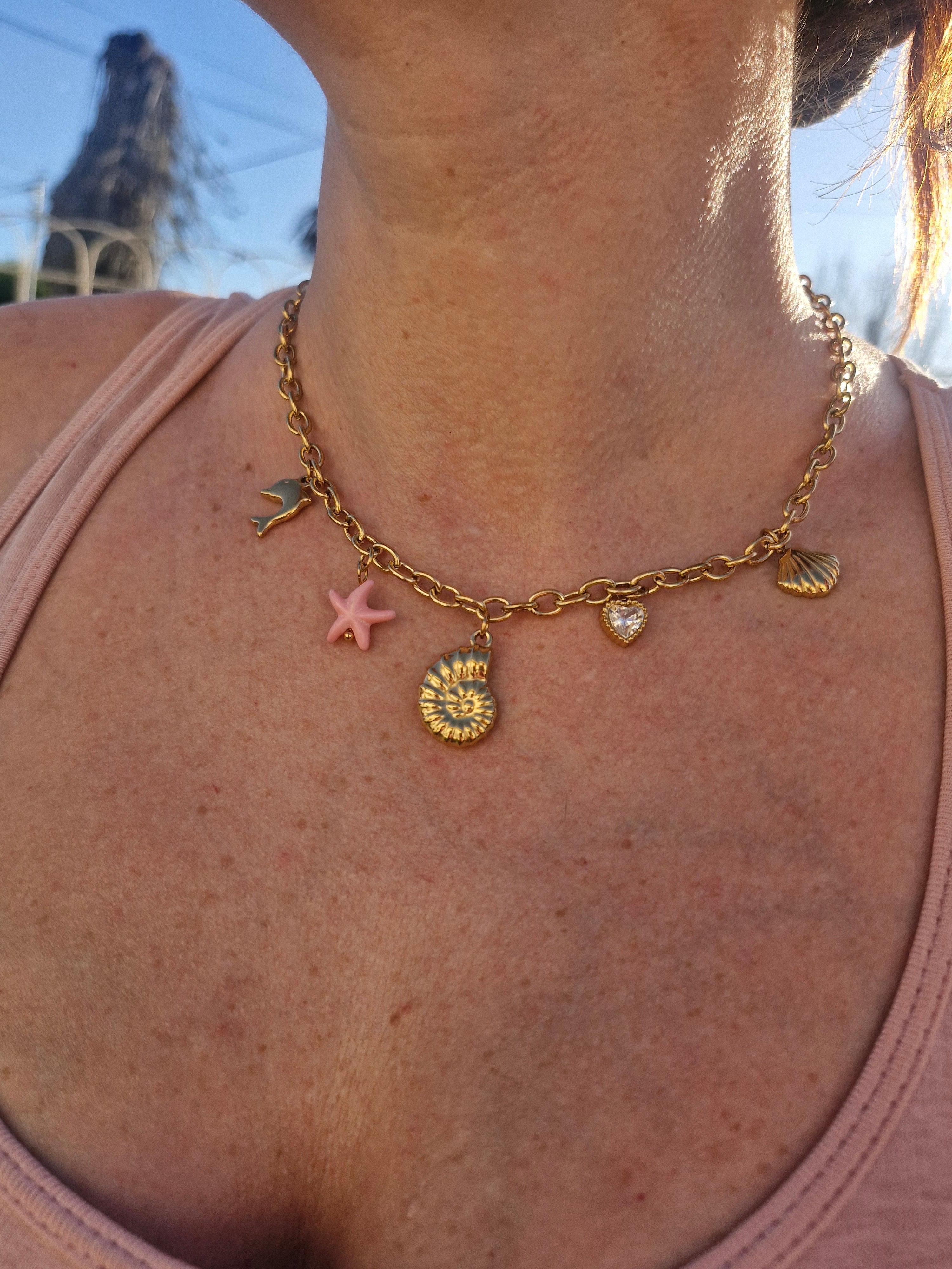 Collier Céleste en acier inoxydable avec breloques élégantes. Bijou printanier inspiré de l’air marin, résistant à l’eau et confortable.