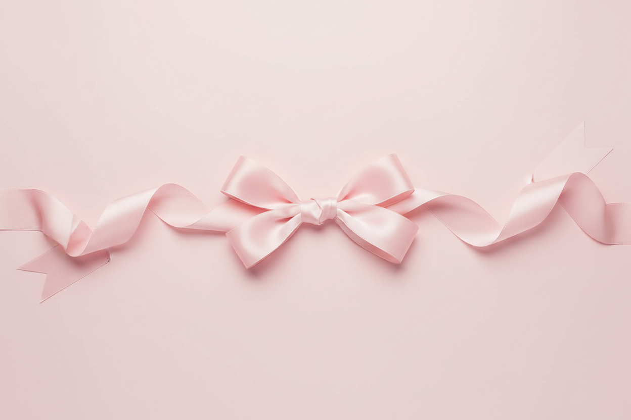 Un fond uni rose clair doux  avec un bandeau noeud sur toute la longueur comme un noeud de cadeau 